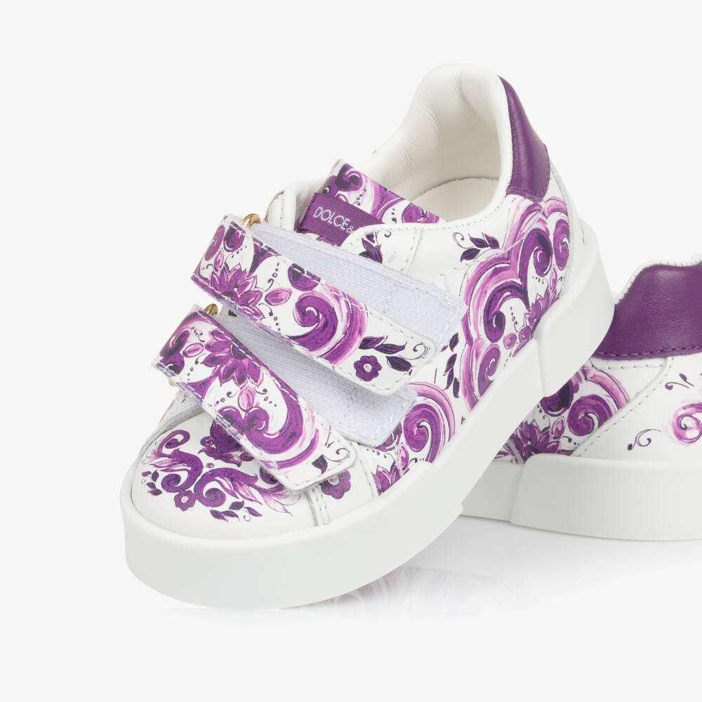 Dolce & Gabbana-Girls White & Purple Majolica Leather Trainers | Childrensalon