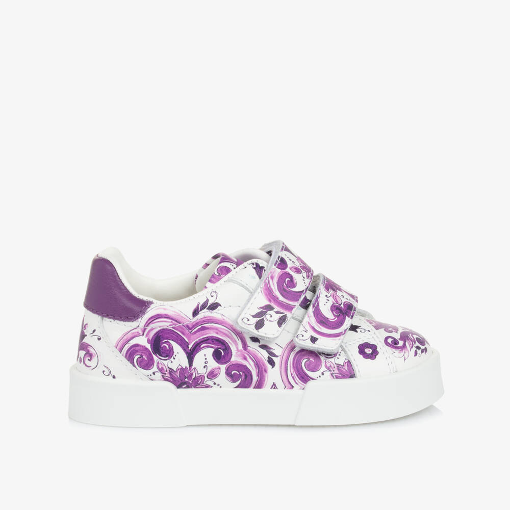Dolce & Gabbana-Girls White & Purple Majolica Leather Trainers | Childrensalon