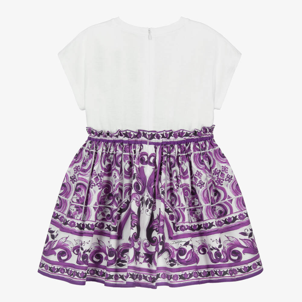 Dolce & Gabbana-Girls White & Purple Majolica Print Cotton DG Logo Dress | Childrensalon