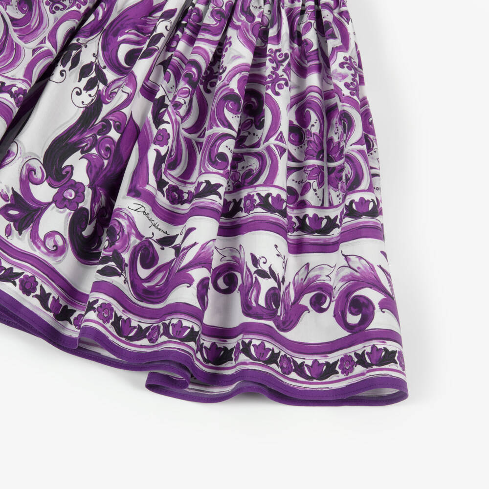 Dolce & Gabbana-Girls White & Purple Majolica Print Cotton DG Logo Dress | Childrensalon