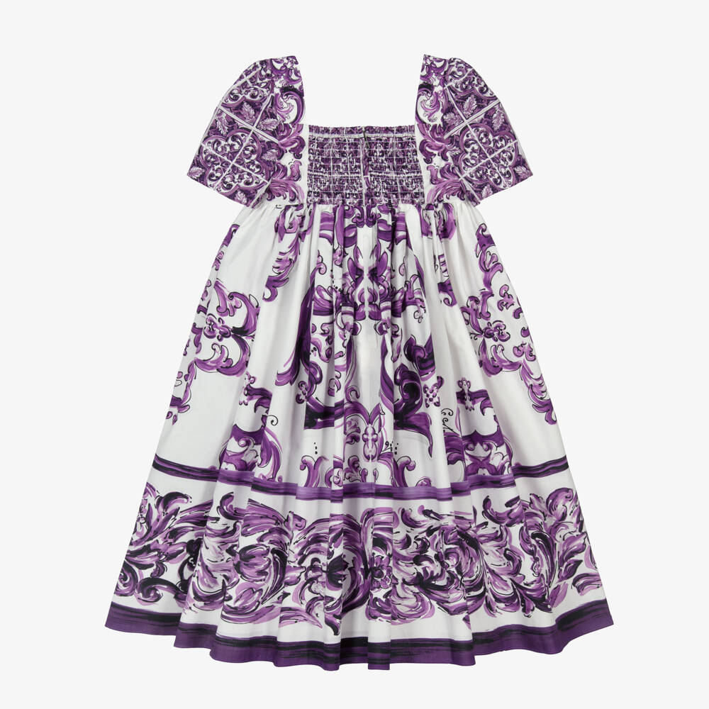 Dolce & Gabbana-Girls White & Purple Majolica Print Cotton Dress | Childrensalon