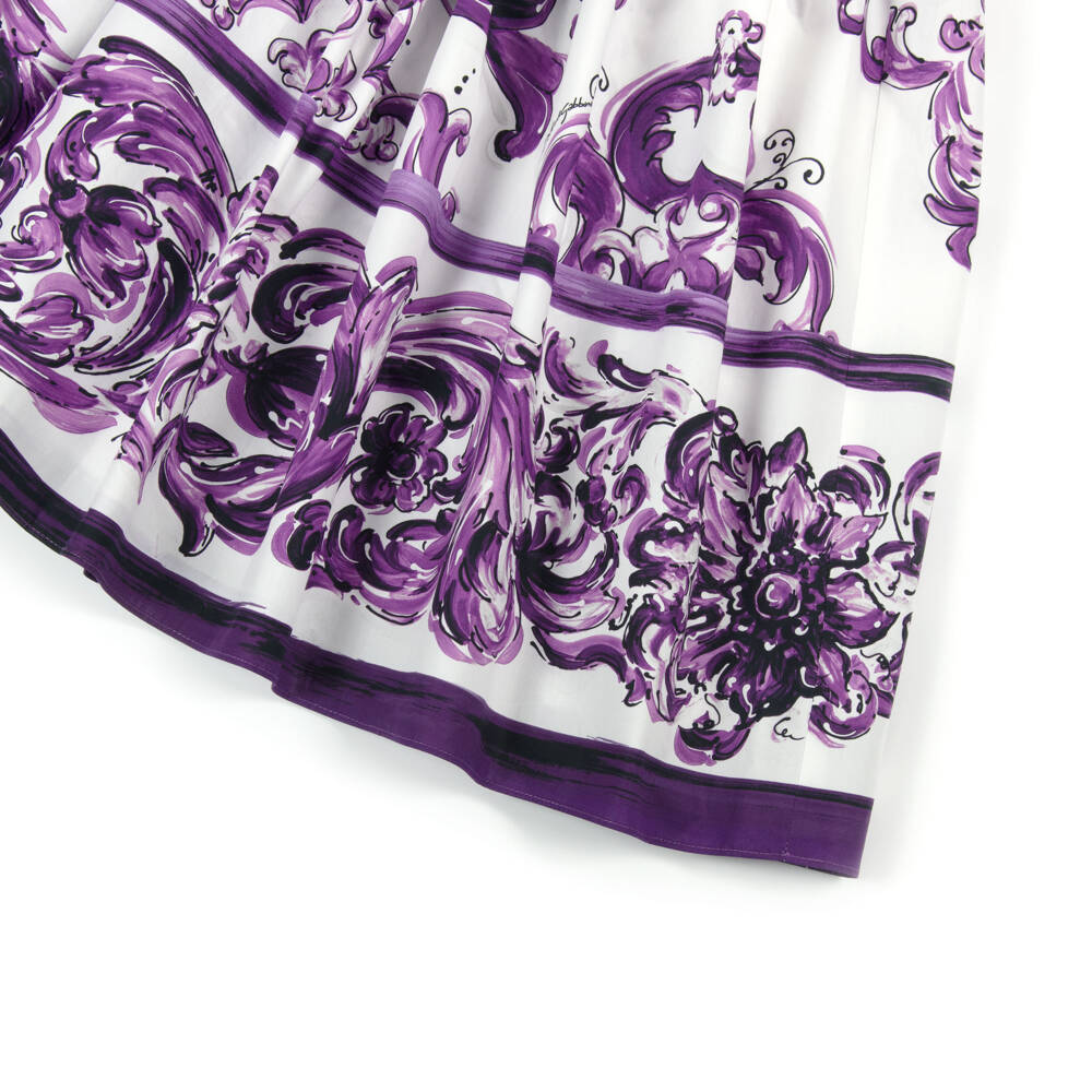 Dolce & Gabbana-Girls White & Purple Majolica Print Cotton Dress | Childrensalon