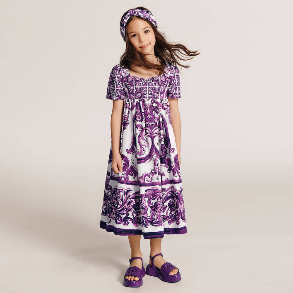 Dolce & Gabbana-Girls White & Purple Majolica Print Cotton Dress | Childrensalon