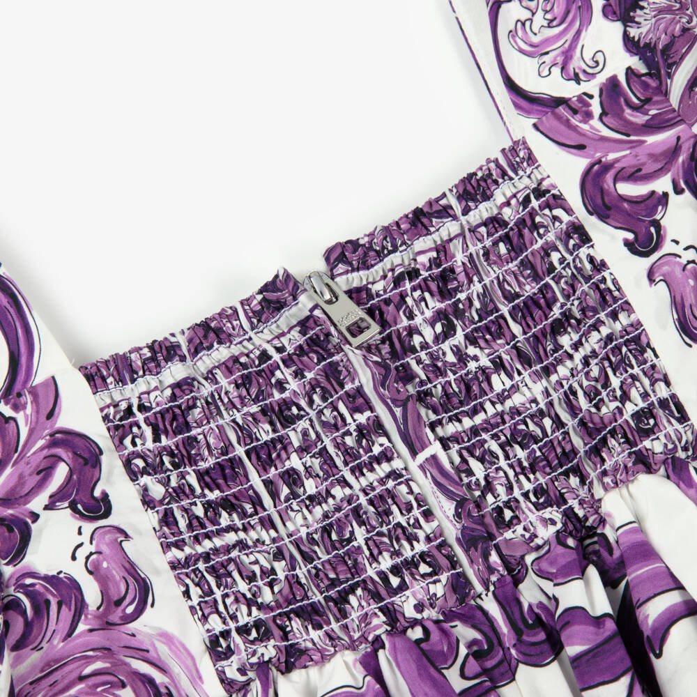 Dolce & Gabbana-Girls White & Purple Majolica Print Cotton Dress | Childrensalon