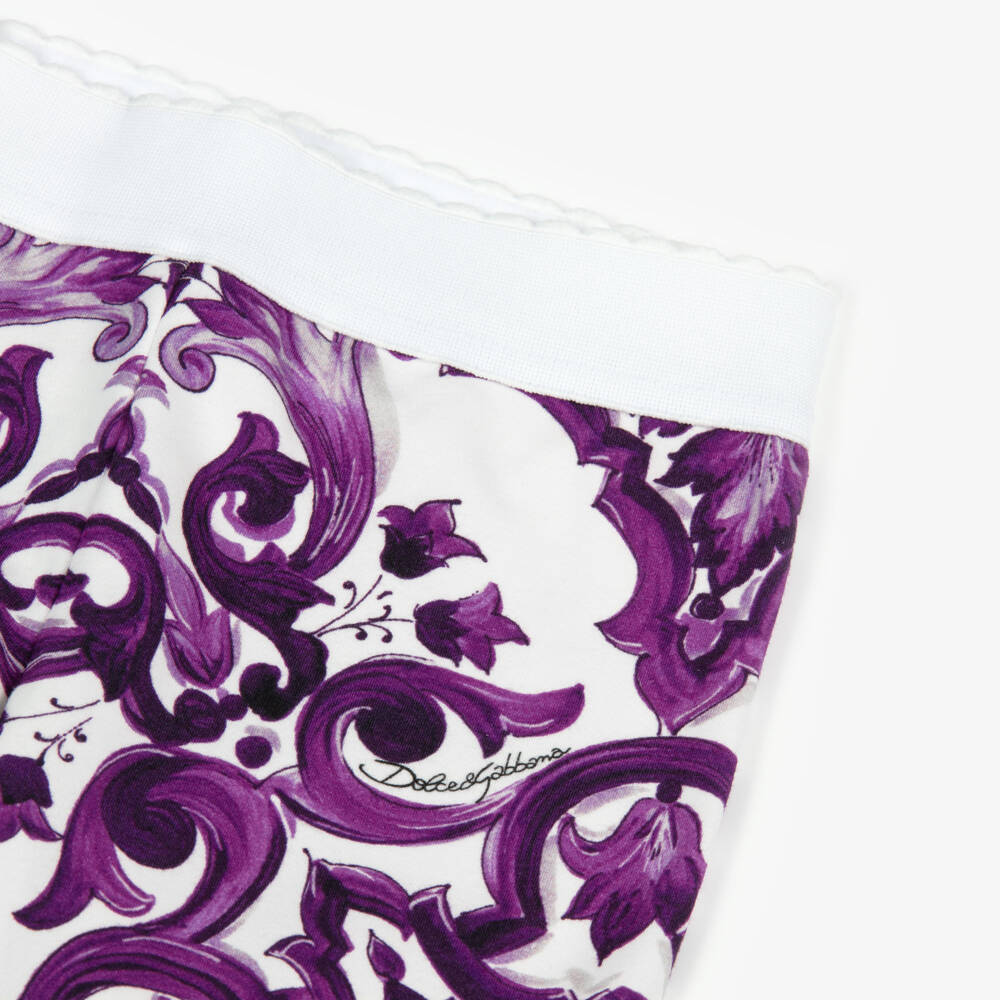 Dolce & Gabbana-Girls White & Purple Majolica Print Cotton Jersey Leggings | Childrensalon