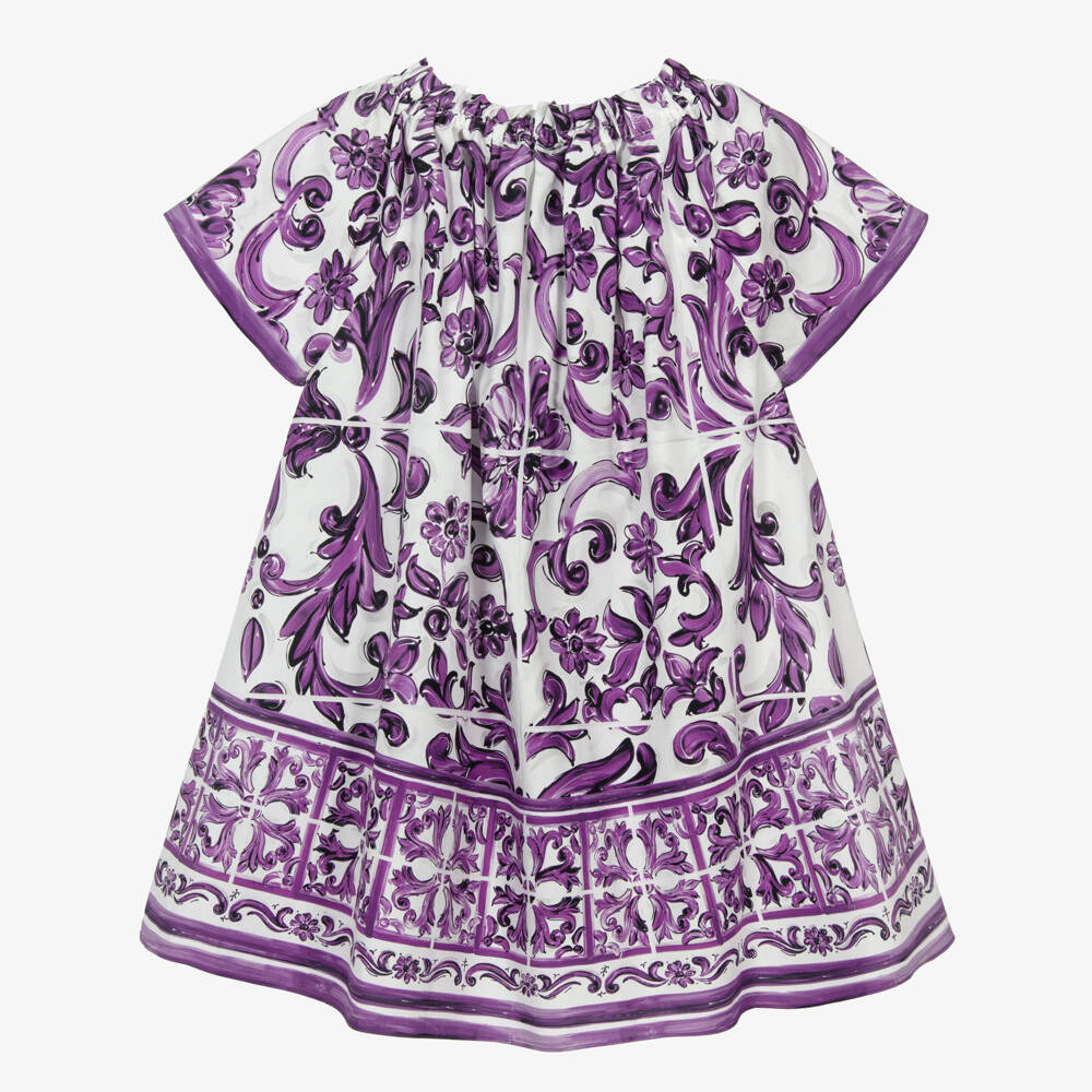 Dolce & Gabbana-Girls White & Purple Majolica Print Cotton Poplin Dress | Childrensalon