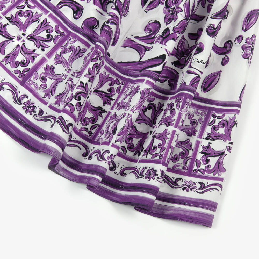 Dolce & Gabbana-Girls White & Purple Majolica Print Cotton Poplin Dress | Childrensalon