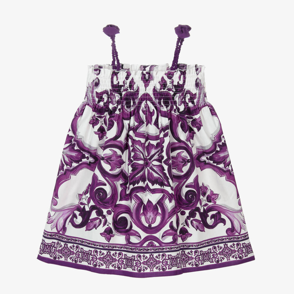 Dolce & Gabbana-Girls White & Purple Majolica Print Cotton Poplin Sun Dress | Childrensalon