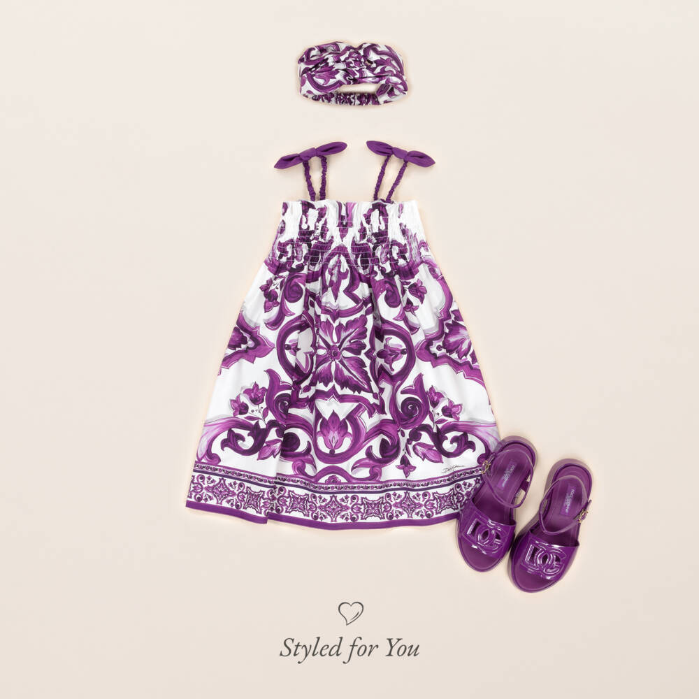 Dolce & Gabbana-Girls White & Purple Majolica Print Cotton Poplin Sun Dress | Childrensalon