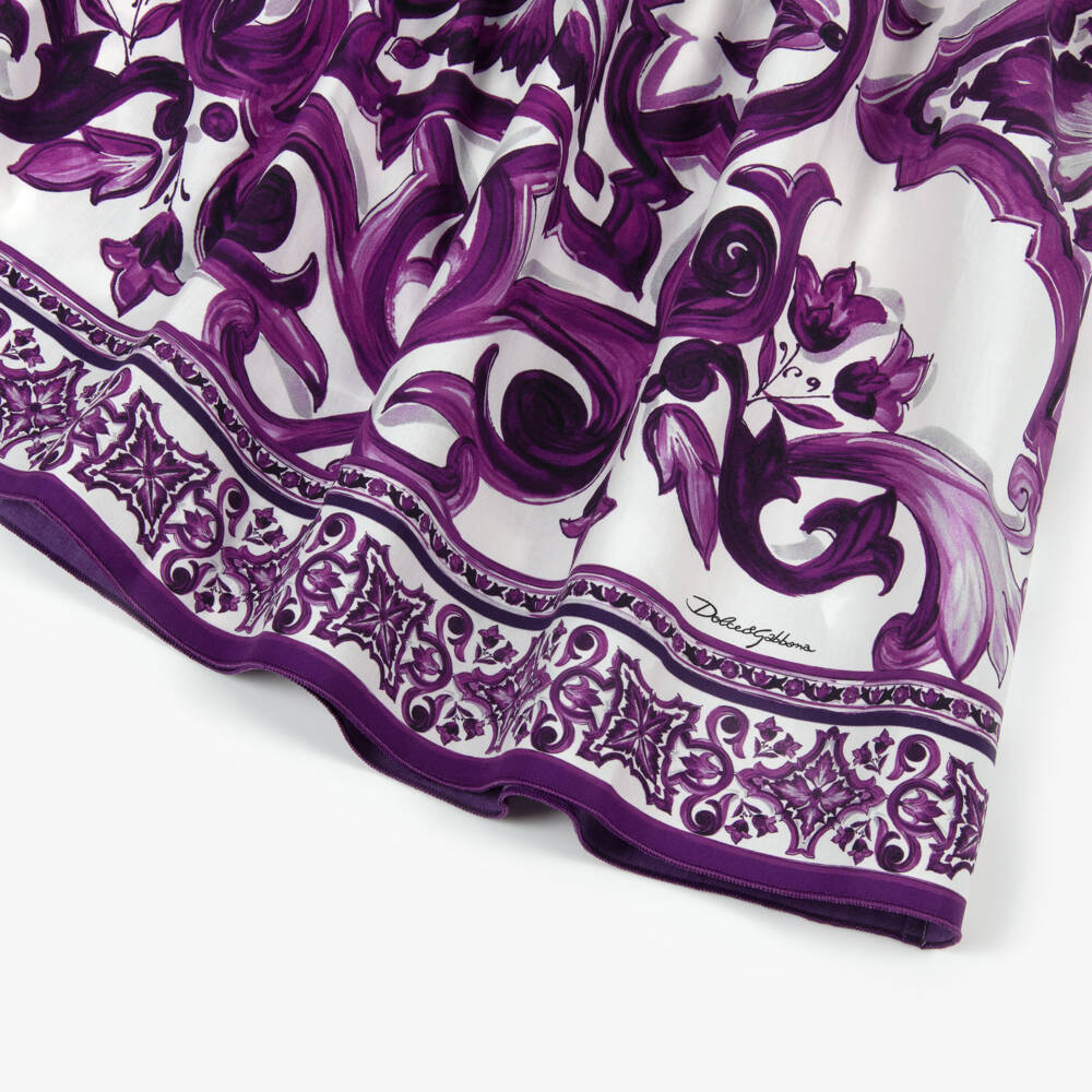 Dolce & Gabbana-Girls White & Purple Majolica Print Cotton Poplin Sun Dress | Childrensalon