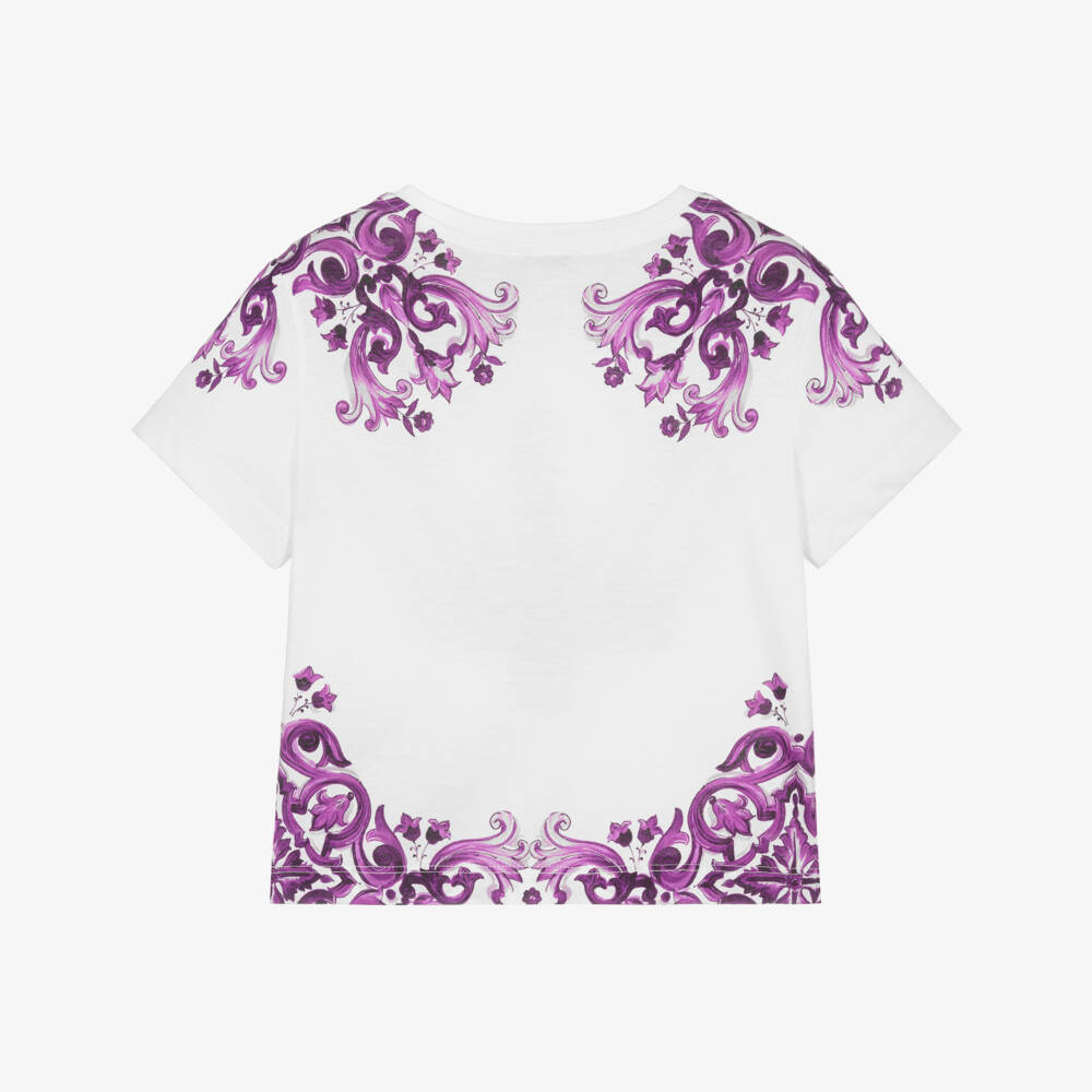 Dolce & Gabbana-Girls White & Purple Majolica Print Cotton T-Shirt | Childrensalon