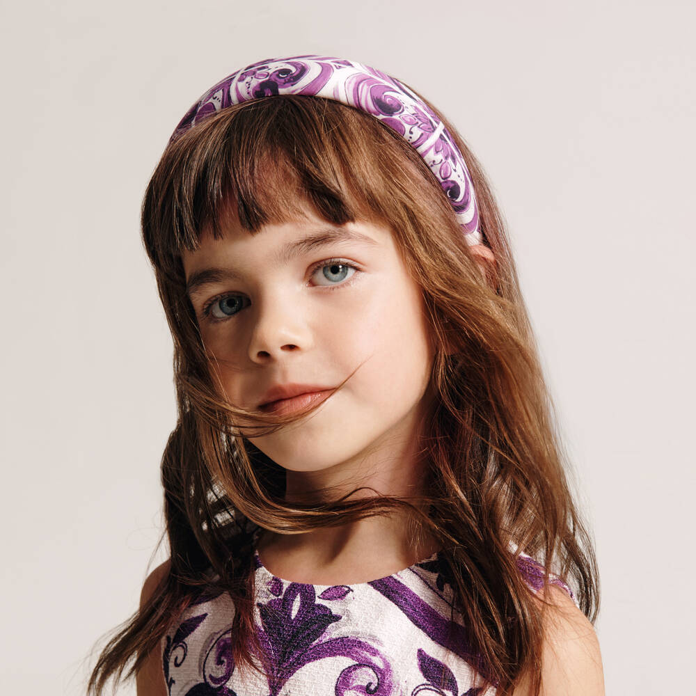 Dolce & Gabbana-Girls White & Purple Majolica Print Hairband | Childrensalon