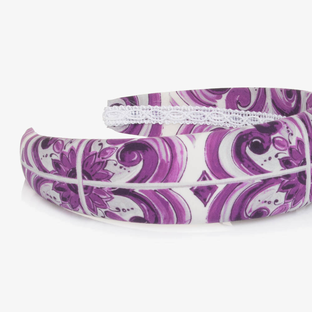 Dolce & Gabbana-Girls White & Purple Majolica Print Hairband | Childrensalon