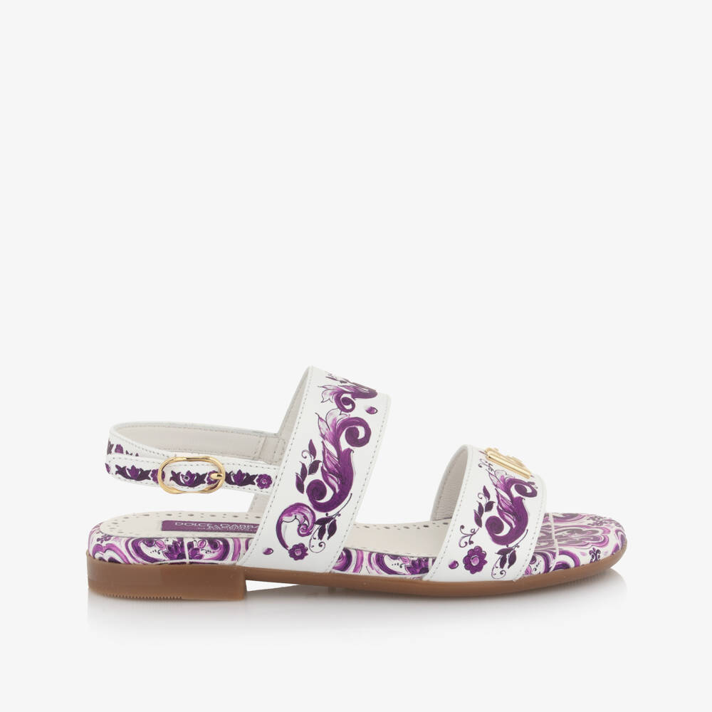 Dolce & Gabbana-Girls White & Purple Majolica Print Leather Sandals | Childrensalon