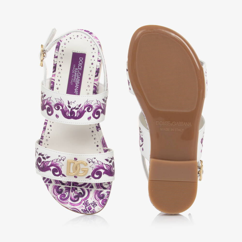 Dolce & Gabbana-Girls White & Purple Majolica Print Leather Sandals | Childrensalon