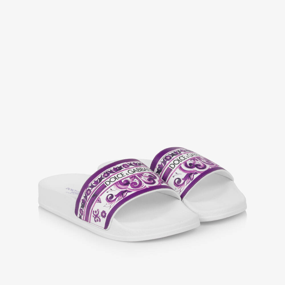 Dolce & Gabbana-Girls White & Purple Majolica Print Leather Sliders | Childrensalon