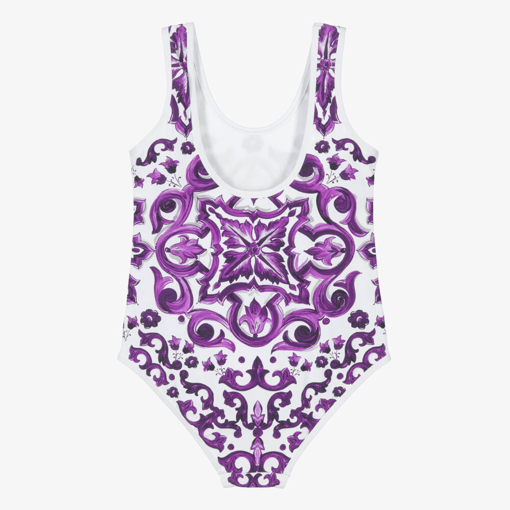 Dolce & Gabbana-Girls White & Purple Majolica Print Swimsuit | Childrensalon