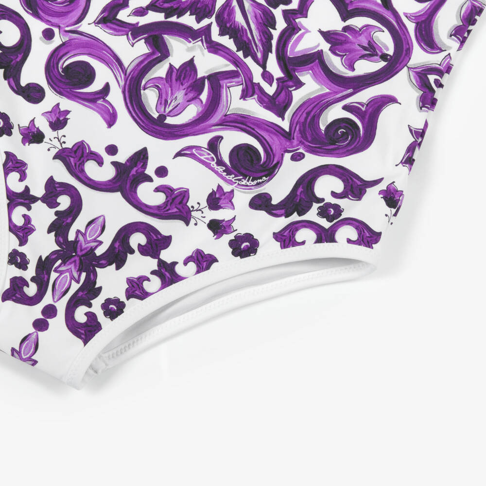 Dolce & Gabbana-Girls White & Purple Majolica Print Swimsuit | Childrensalon
