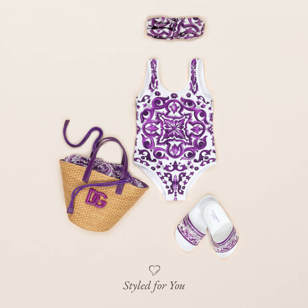 Dolce & Gabbana-Girls White & Purple Majolica Print Swimsuit | Childrensalon