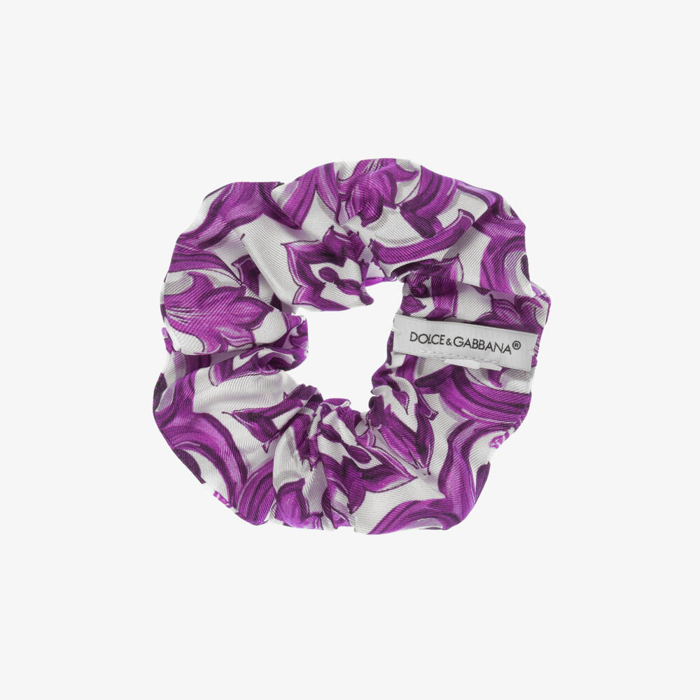 Dolce & Gabbana-Girls White & Purple Silk Majolica Hair Scrunchie | Childrensalon
