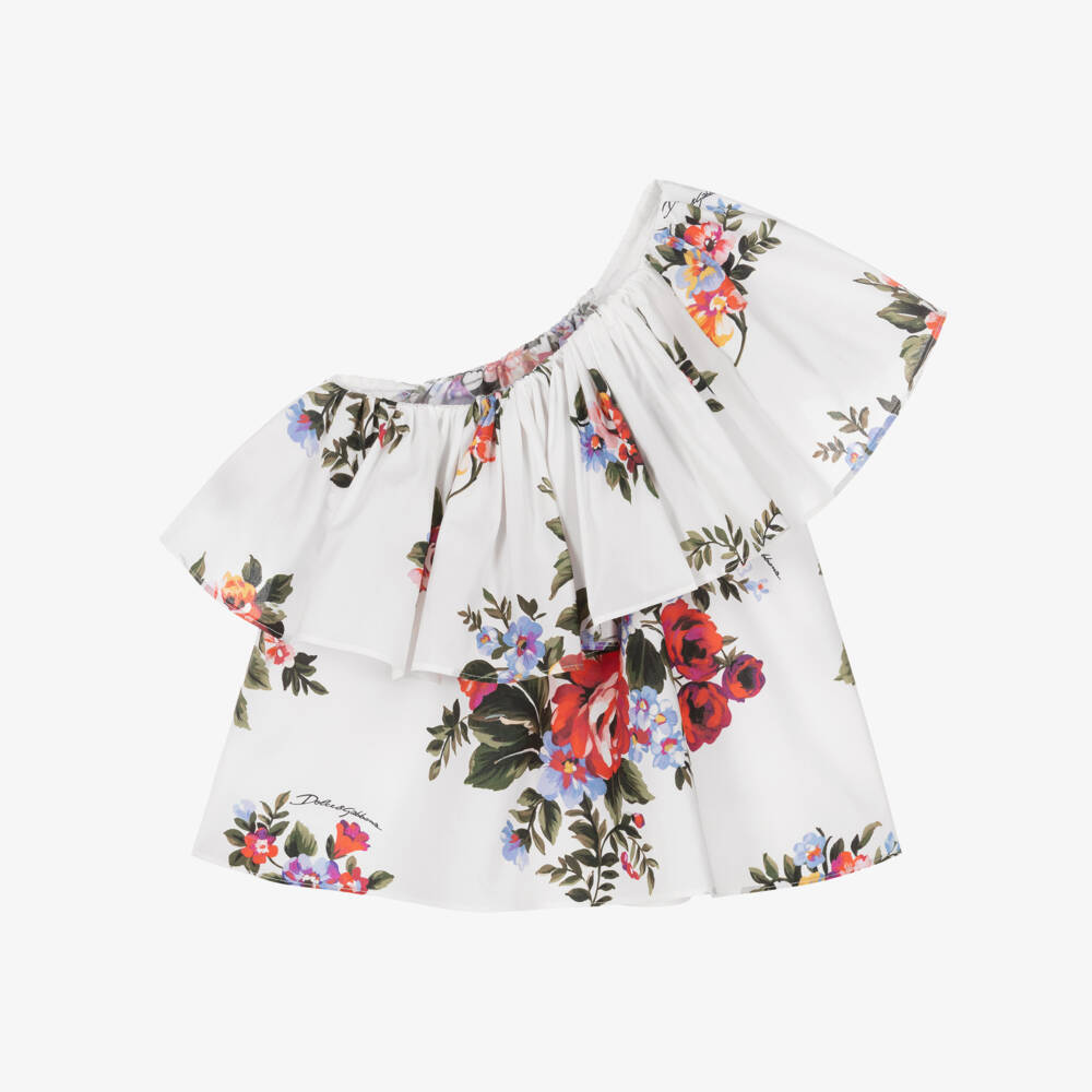 Dolce & Gabbana-Бело-красный асимметричный топ с рюшами из хлопка для девочек | Childrensalon