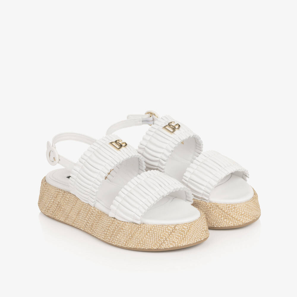 Dolce & Gabbana-Girls White Ruffle Wedge Sandals | Childrensalon