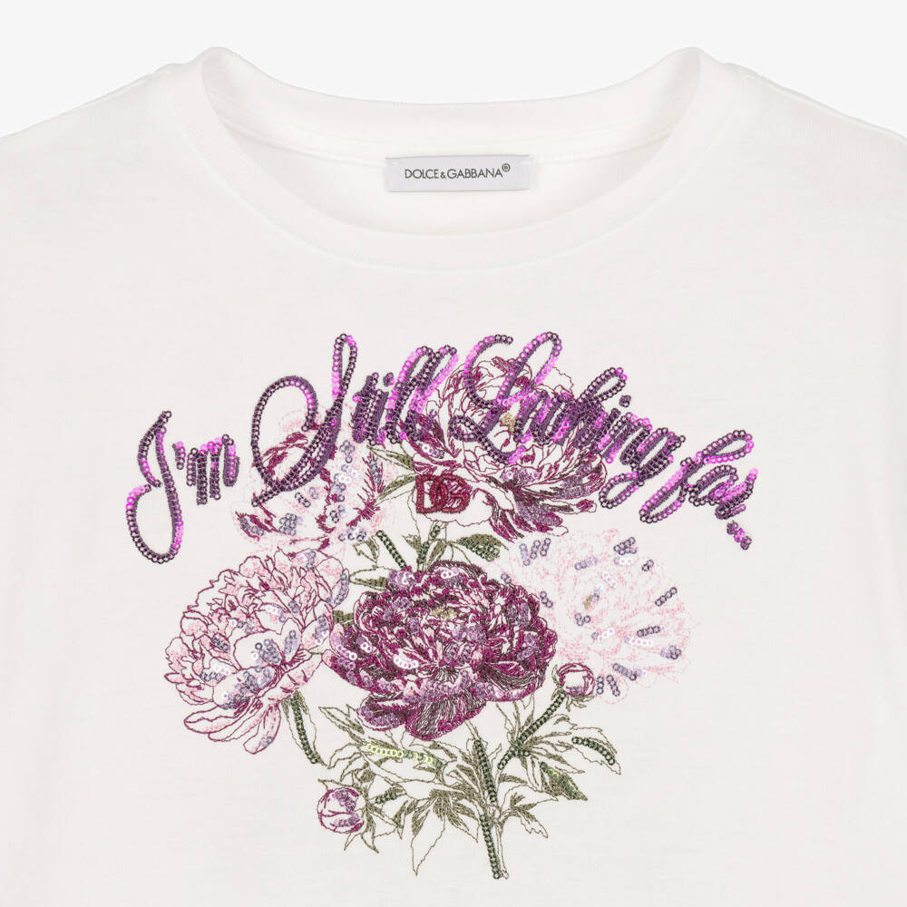 Dolce & Gabbana-تيشيرت بطبعة ورود لون أبيض للبنات | Childrensalon