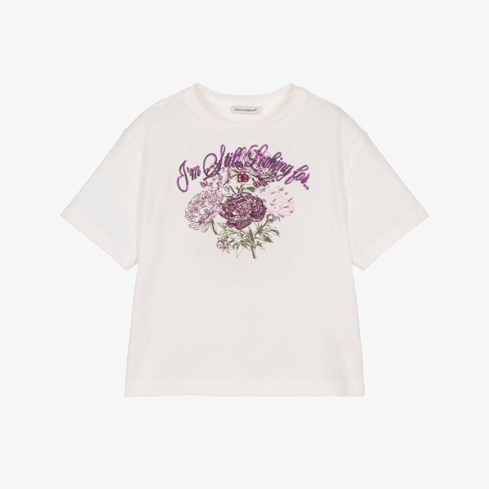 Dolce & Gabbana-Girls White Secret Garden T-Shirt | Childrensalon