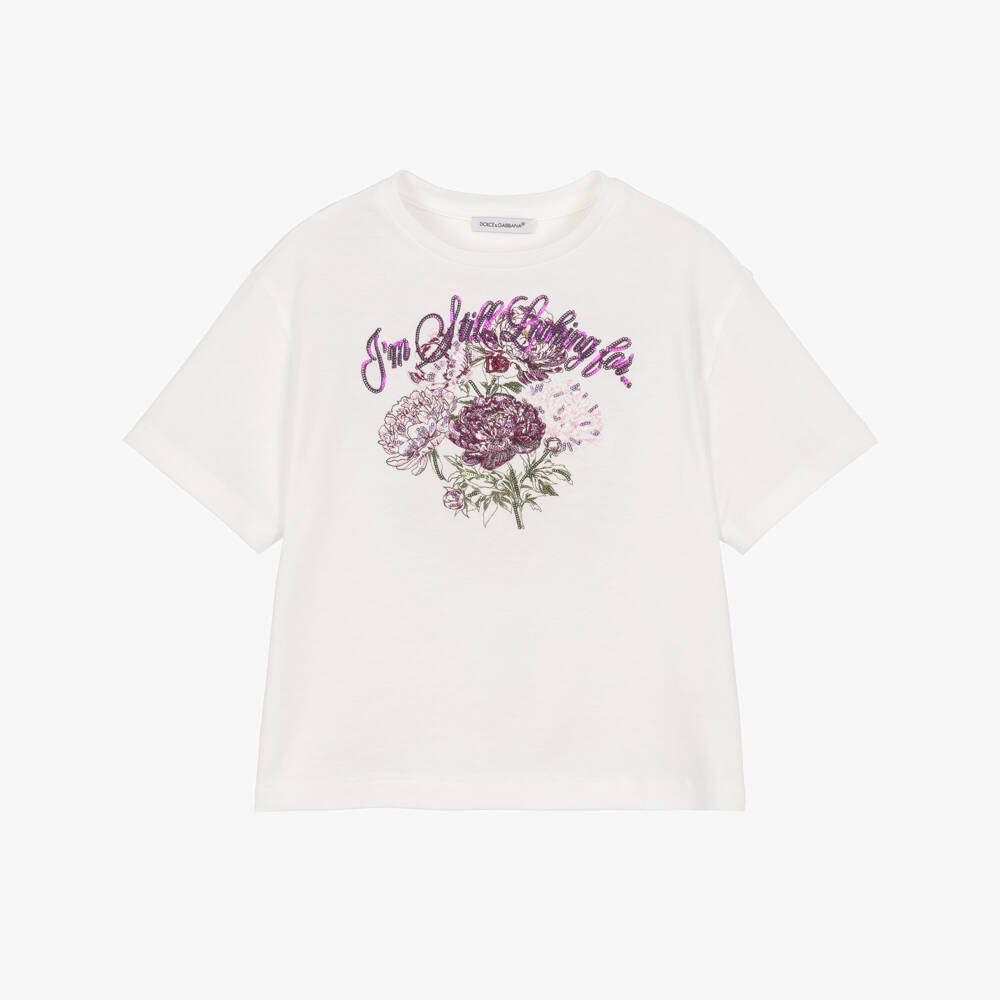 Dolce & Gabbana-Girls White Secret Garden T-Shirt | Childrensalon