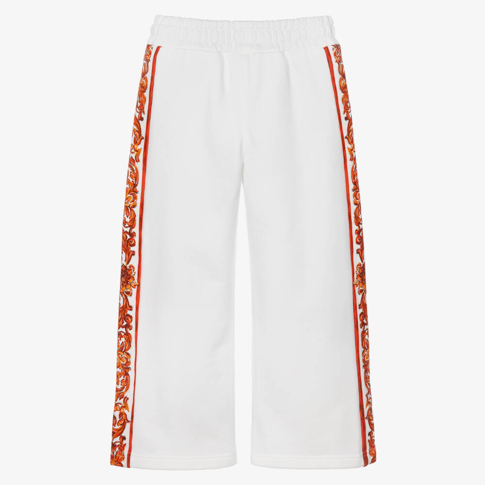 Dolce & Gabbana-Girls White Wide Leg Joggers with Majolica Trims | Childrensalon