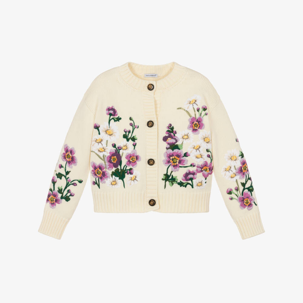 Dolce & Gabbana-Girls White Wool Knit Cardigan with Floral Embroidery | Childrensalon