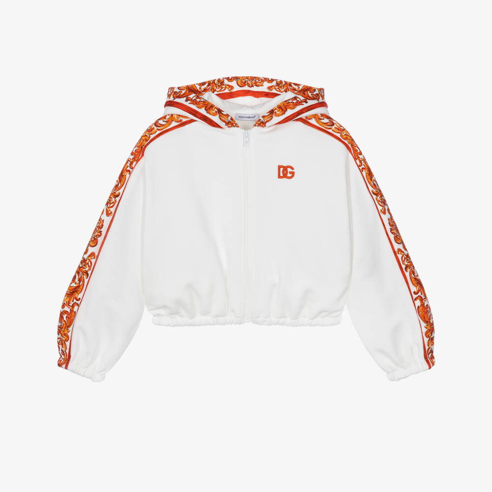 Dolce & Gabbana-Girls White Zip-Up Hoodie with Majolica Trims | Childrensalon