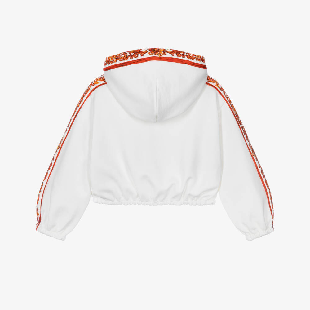 Dolce & Gabbana-Girls White Zip-Up Hoodie with Majolica Trims | Childrensalon