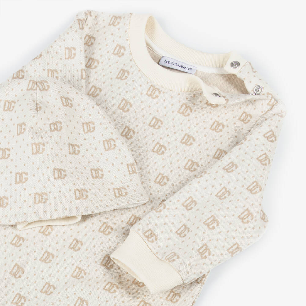 Dolce & Gabbana-Ivory & Beige Logo Cotton Babysuit Set | Childrensalon
