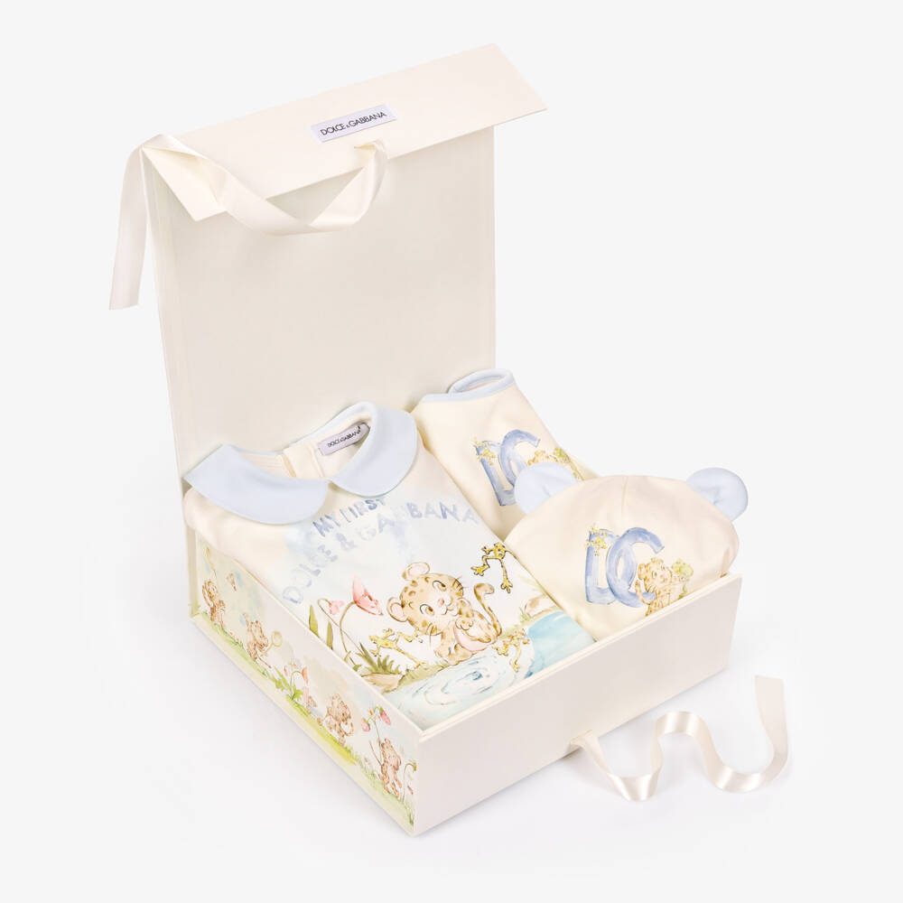 Dolce & Gabbana-Ivory & Blue Leopard Babysuit Gift Set | Childrensalon