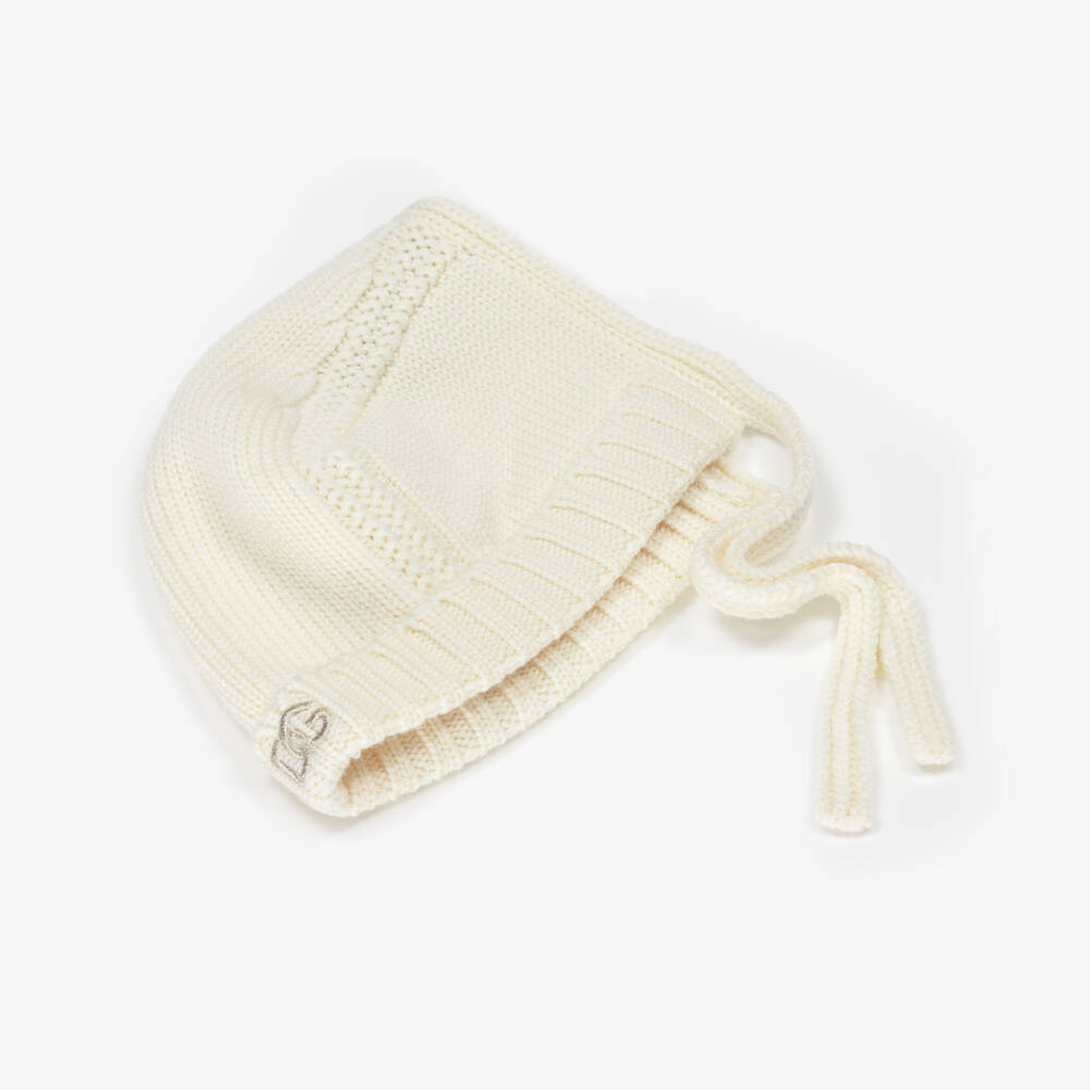 Dolce & Gabbana-Ivory Wool Knit Bonnet with Embroidered DG Logo | Childrensalon