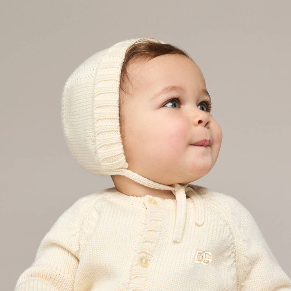 Dolce & Gabbana-Ivory Wool Knit Bonnet with Embroidered DG Logo | Childrensalon