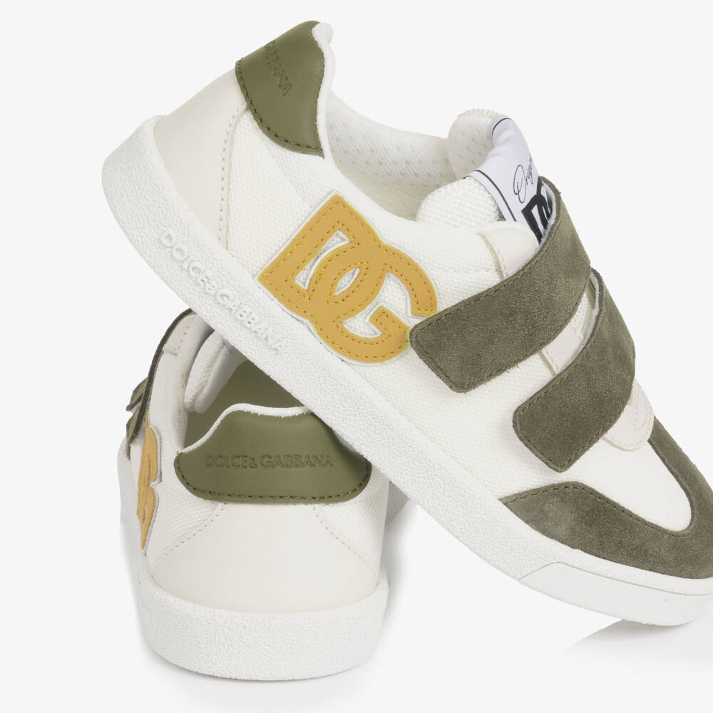 Dolce & Gabbana-Junior Boys White & Khaki Green Velcro Trainers | Childrensalon
