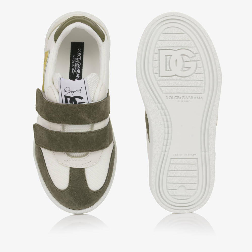 Dolce & Gabbana-Junior Boys White & Khaki Green Velcro Trainers | Childrensalon