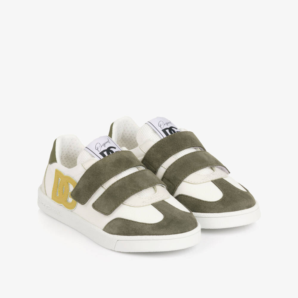 Dolce & Gabbana-Junior Boys White & Khaki Green Velcro Trainers | Childrensalon