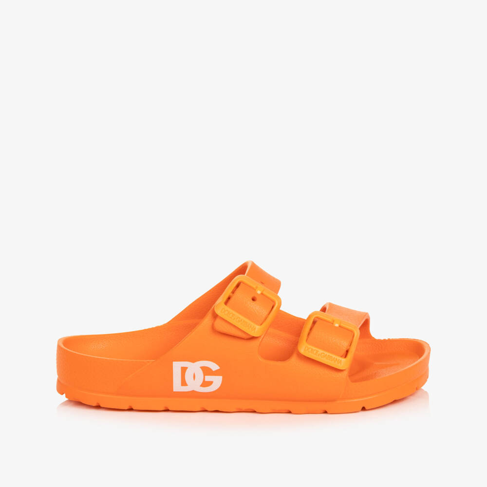 Dolce & Gabbana-Orange Double Strap Sliders with DG Logo | Childrensalon