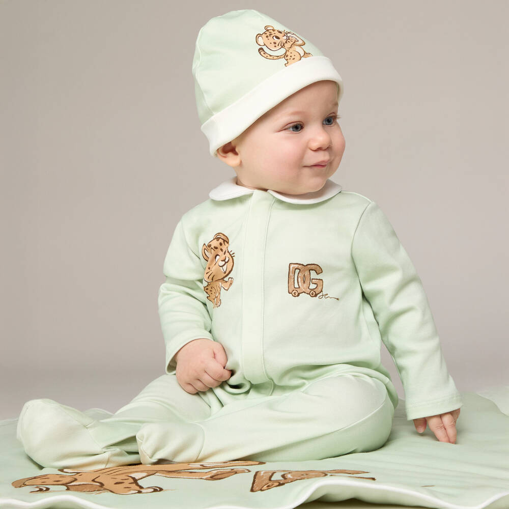 Dolce & Gabbana-Pale Green Cotton Jersey Leopard Cub DG Logo Blanket (74cm) | Childrensalon