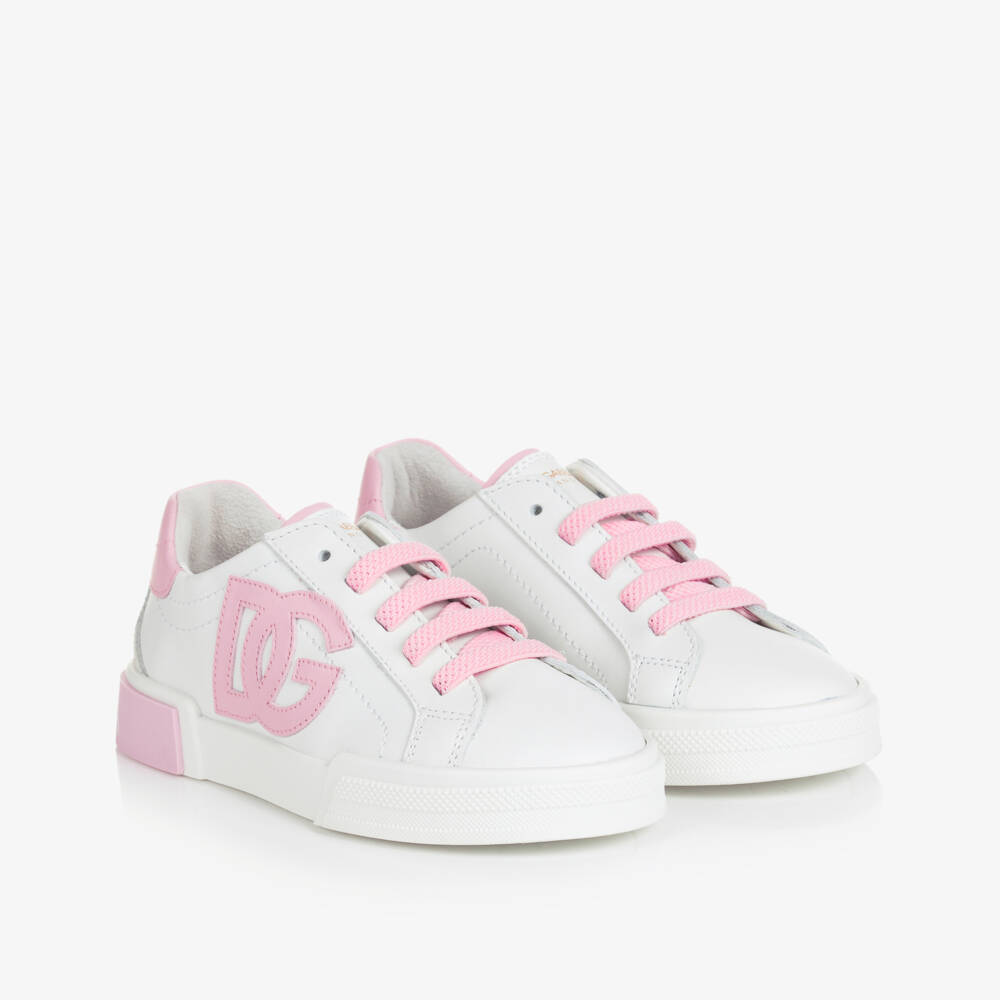 Dolce & Gabbana-Pink & White Leather DG Trainers | Childrensalon