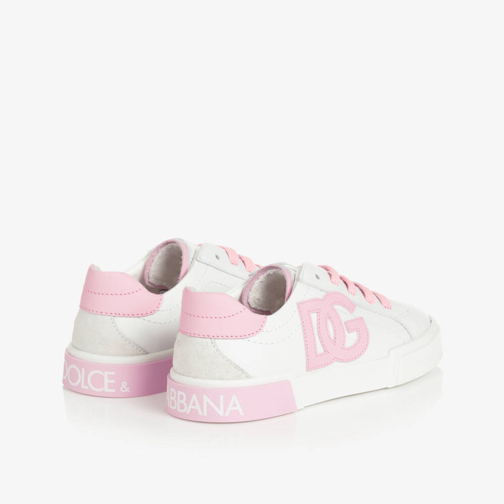Dolce & Gabbana-Pink & White Leather DG Trainers | Childrensalon