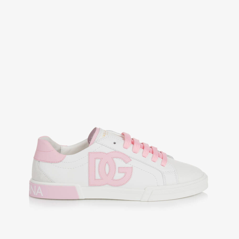 Dolce & Gabbana-Pink & White Leather DG Trainers | Childrensalon