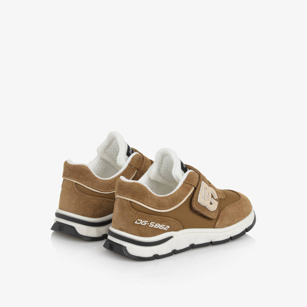 Dolce & Gabbana-Tan Brown Suede & Mesh DG Logo Velcro Trainers | Childrensalon
