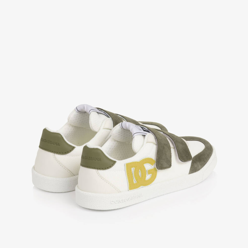 Dolce & Gabbana-Junior Boys White & Khaki Green Velcro Trainers | Childrensalon