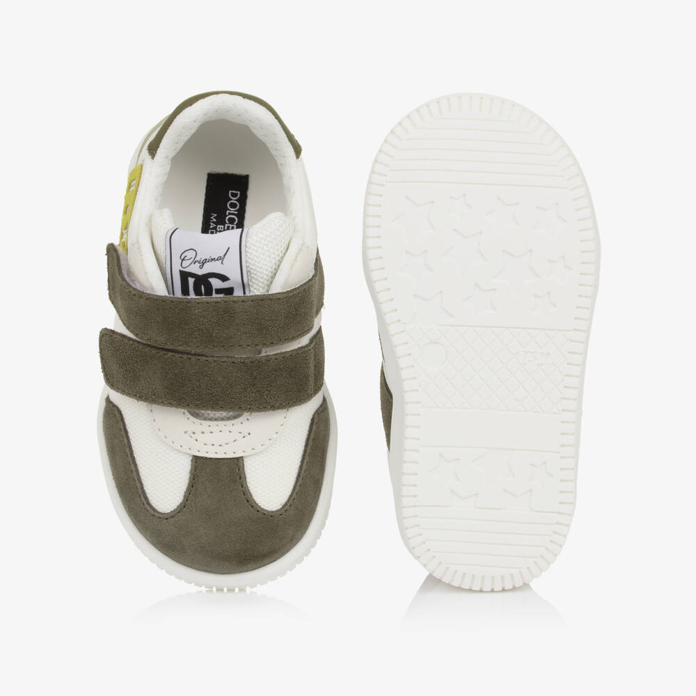 Dolce & Gabbana-Boys White & Khaki Green Velcro Trainers | Childrensalon