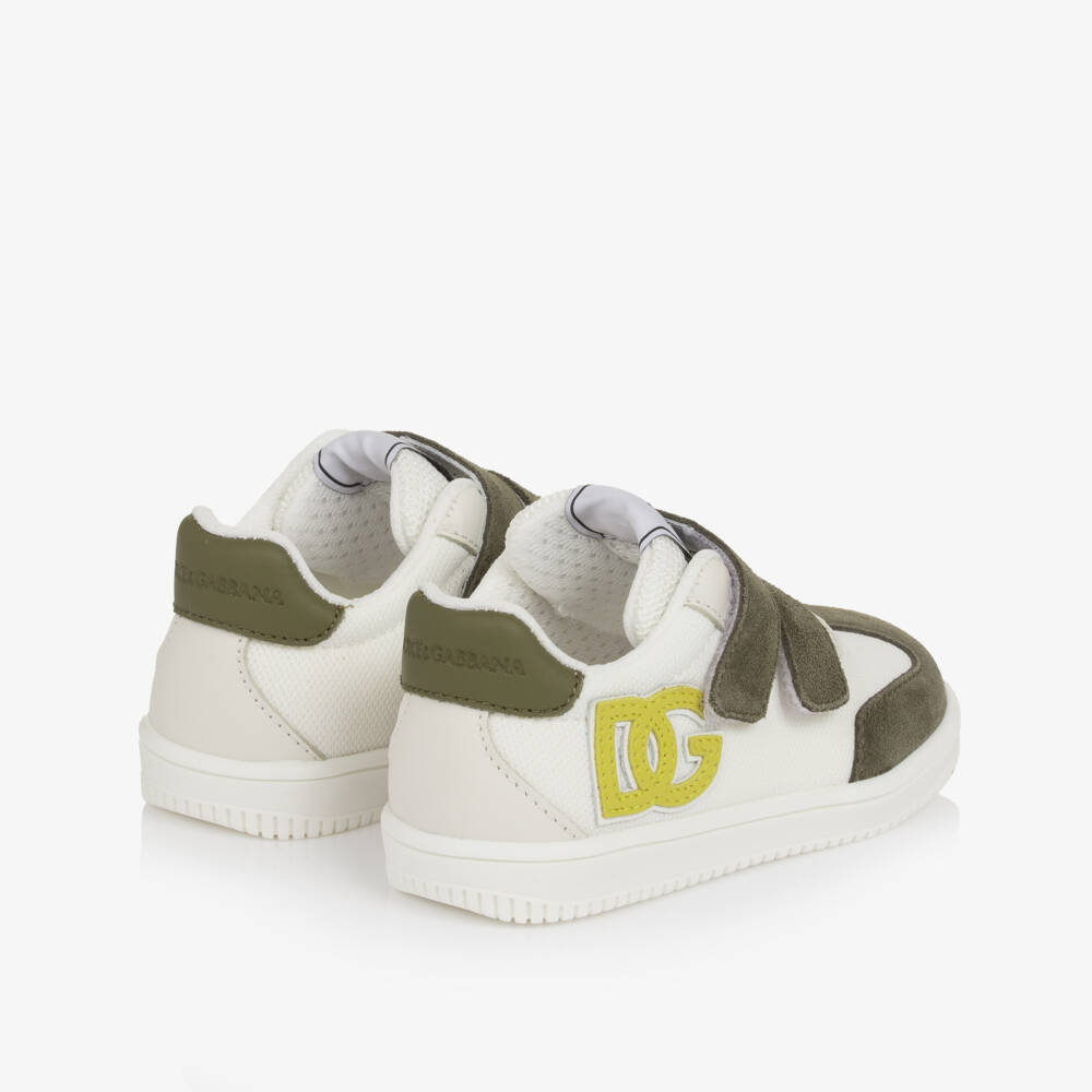 Dolce & Gabbana-Boys White & Khaki Green Velcro Trainers | Childrensalon