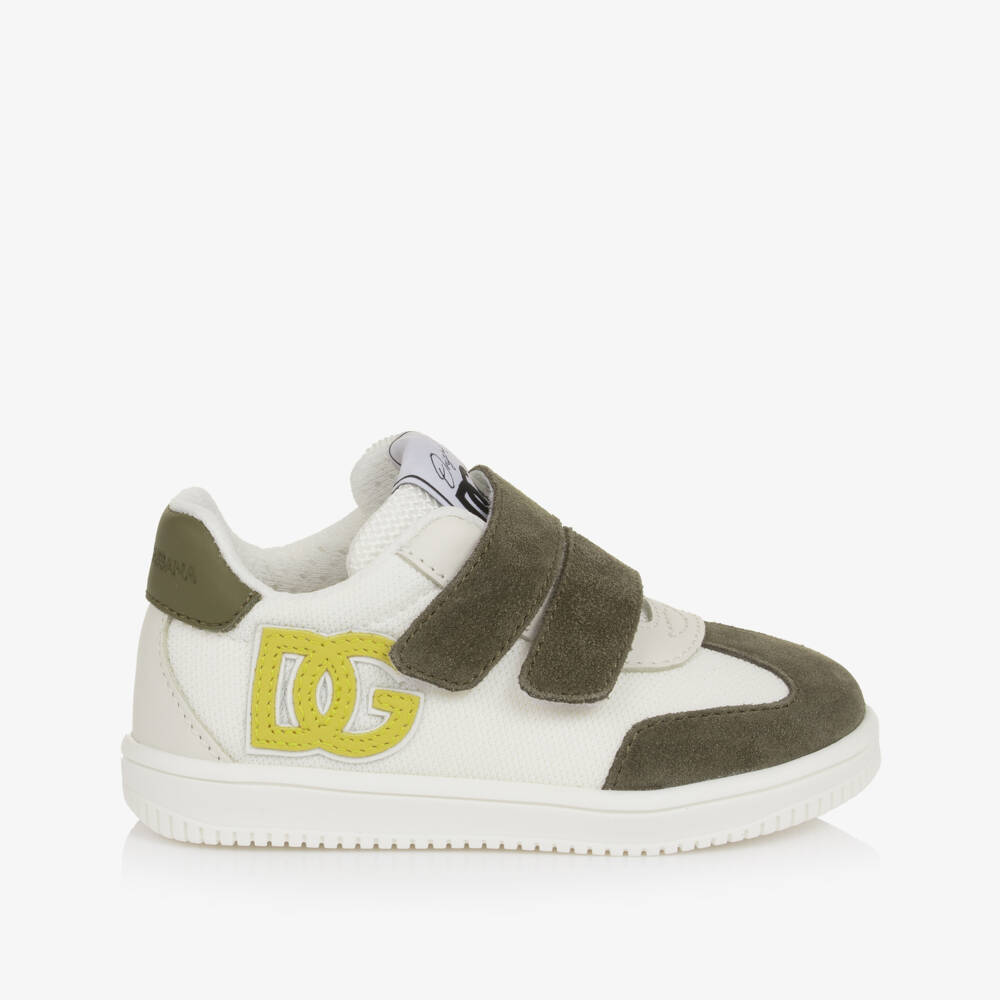 Dolce & Gabbana-Boys White & Khaki Green Velcro Trainers | Childrensalon
